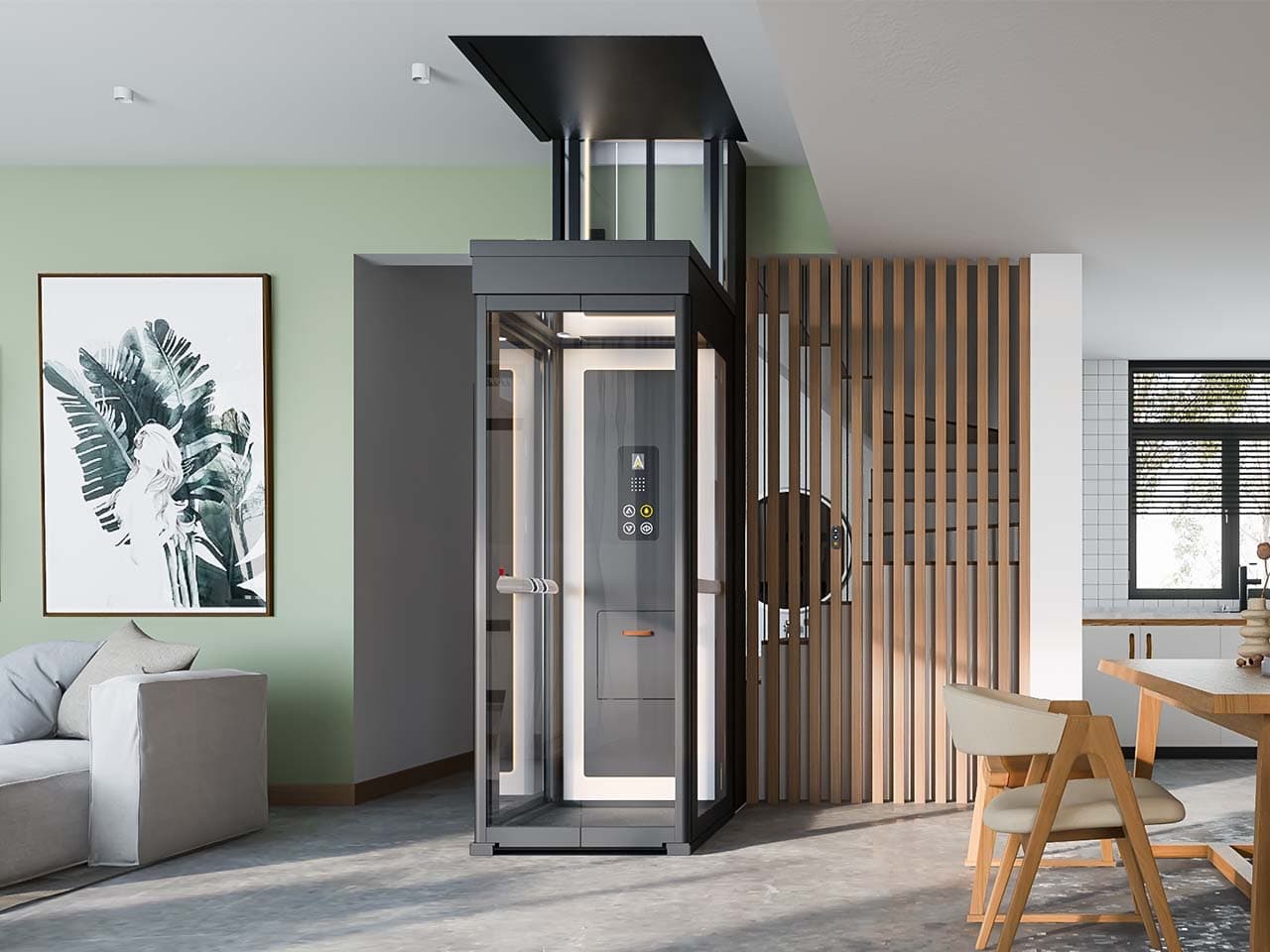 ascenda home elevator in kitchen and living room